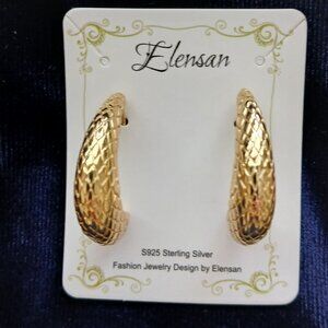 Elensan diamond cut textured puffed gold tone Earrings pierced S925